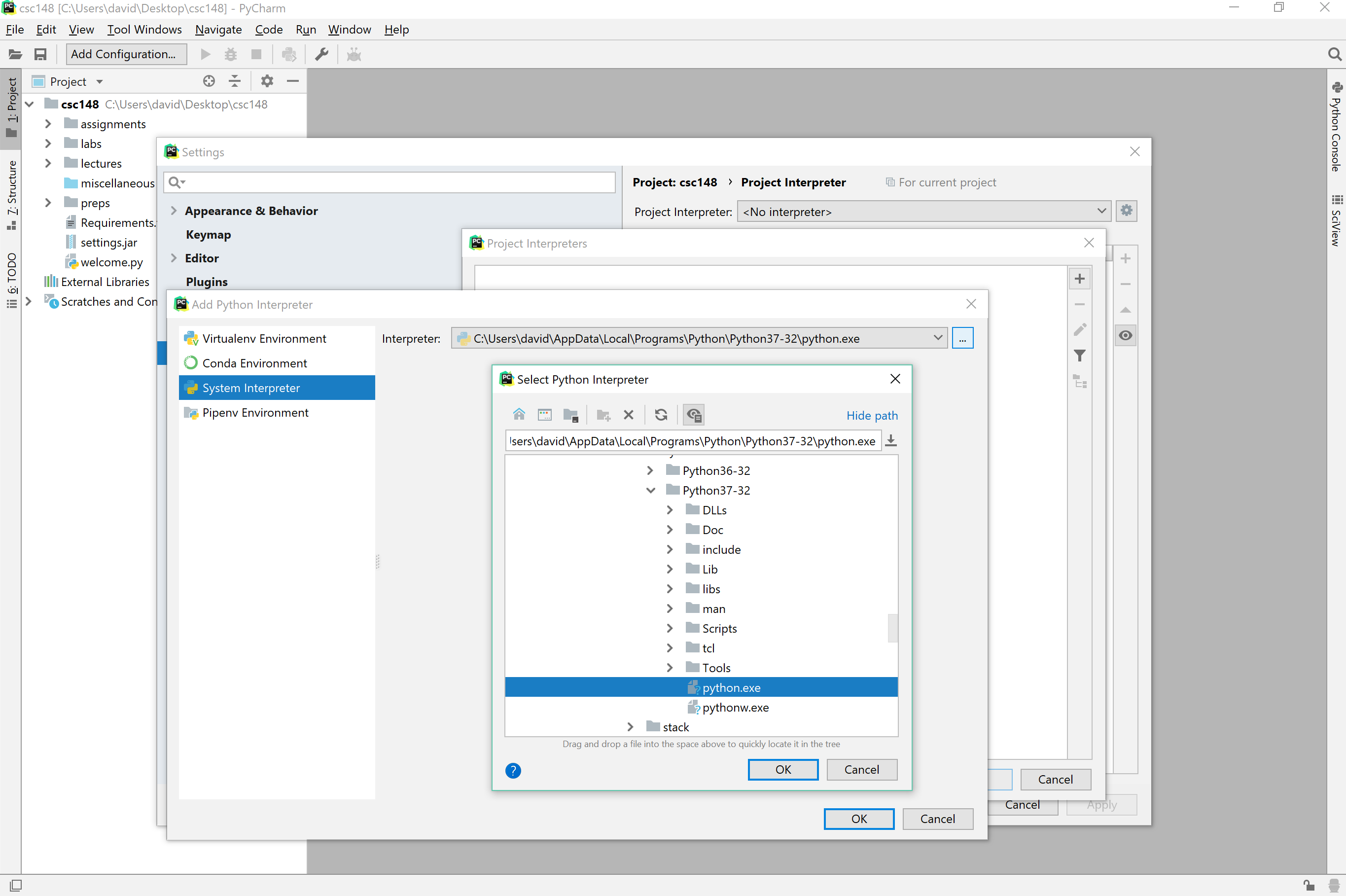 Screenshot of selecting a Python interpreter.